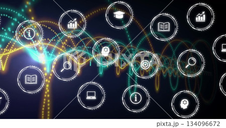 Displaying dashboard overlaying waveform lines in interface, with circular info and chart icons 134096672