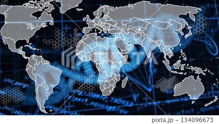 Displaying white-lined world map over glowing blue DNA helix in dark blue grid, hexagonal overlays 134096673