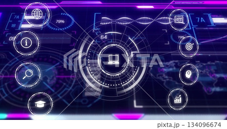 Displaying central laptop icon rotating within holographic control panel, with neon data rings Displaying central laptop icon rotating within holographic control panel, with neon data rings 134096674