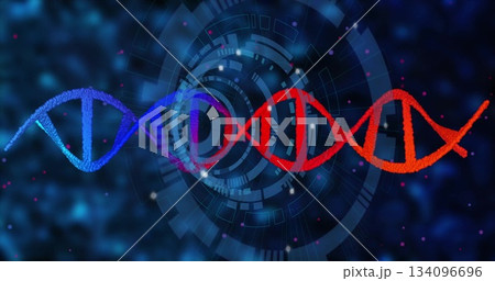 Displaying stylized DNA helix shifting from blue to orange dots in virtual HUD rings and particles Displaying stylized DNA helix shifting from blue to orange dots in virtual HUD rings and particles 134096696