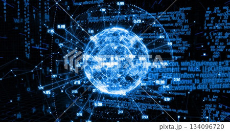 Floating digital sphere emitting light beams in virtual network space, with floating code and data 134096720