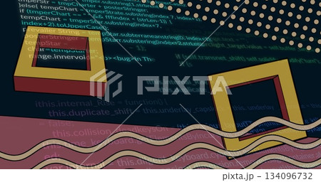 Floating 3D yellow frames above navy digital canvas, with teal code, pink stripes and dot grid 134096732