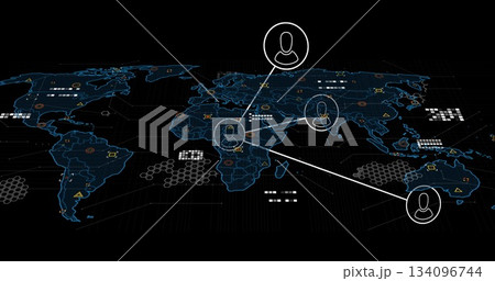 Displaying glowing digital world map with data icons on data dashboard, with user icon connections 134096744