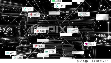 Network visualization rendering analytics in digital interface, with glowing nodes, panels  and  ico 134096747