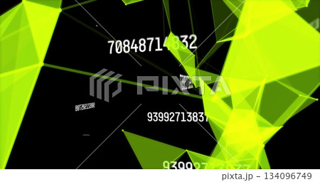 Rotating neon green wireframe cluster in digital data space, with floating white numeric strings 134096749