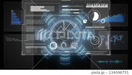 Central HUD display on dark grid backdrop displaying panels, charts, code, map, timecode, waveform Central HUD display on dark grid backdrop displaying panels, charts, code, map, timecode, waveform 134096755