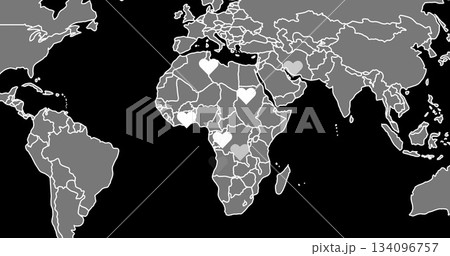 Showing outline world map with heart icons marking Italy Tunisia Ghana Congo Iran on black backdrop 134096757