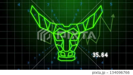 Neon green wireframe bull head floating over grid, with green line chart and white 35 134096766