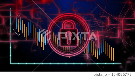 Featuring neon pink padlock icon glowing in cyber interface, with colorful bar chart and red lines 134096775