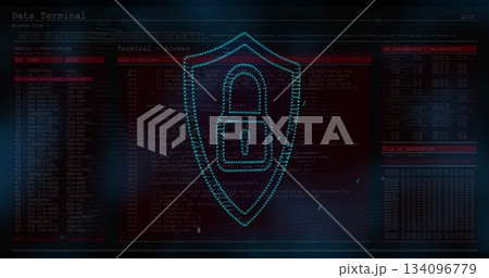 Displaying cyan shield with lock icon in dark interface, showing access prompts and data tables 134096779