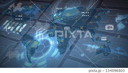 Futuristic map interface displaying hexagonal grids and data markers in virtual command dashboard Futuristic map interface displaying hexagonal grids and data markers in virtual command dashboard 134096803