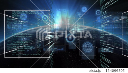 Displaying central holographic panel streaming code in cyberspace tunnel, with glowing nodes Displaying central holographic panel streaming code in cyberspace tunnel, with glowing nodes 134096805