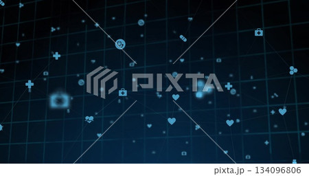 Forming dark navy digital grid network at digital interface, with floating glowing medical icons Forming dark navy digital grid network at digital interface, with floating glowing medical icons 134096806