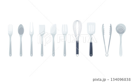 Simple kitchen tools, Clean utensils arranged neatly, Organized collection of kitchen utensils displayed, Minimalist kitchen utensils with soft shadow effects for display 134096838