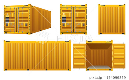 Logistic cargo containers. Front, side back and perspective view. Shipping, transportation and delivery concept. Realistic 3d templates isolated on white background 134096859