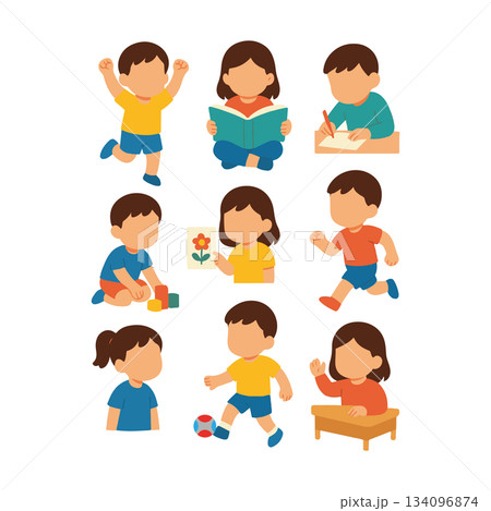 Cute Kids Activity Illustration Set - Children Playing, Reading, Studying, and Classroom Actions Vector Cute Kids Activity Illustration Set - Children Playing, Reading, Studying, and Classroom Actions Vector 134096874
