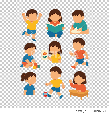 Cute Kids Activity Illustration Set - Children Playing, Reading, Studying, and Classroom Actions Vector Cute Kids Activity Illustration Set - Children Playing, Reading, Studying, and Classroom Actions Vector 134096874
