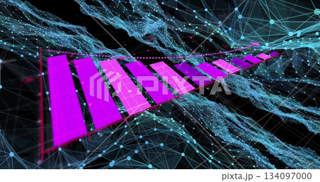 Floating magenta 3D bars receding in dark virtual data space, with azure nodes and dotted line 134097000