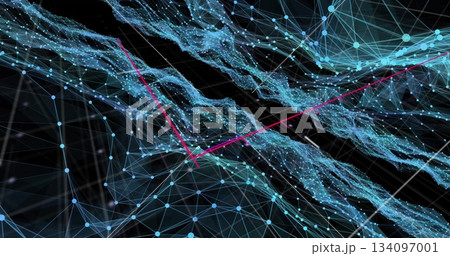 Displaying blue nodes converging with particle streams and pink arrows in digital wireframe mesh Displaying blue nodes converging with particle streams and pink arrows in digital wireframe mesh 134097001