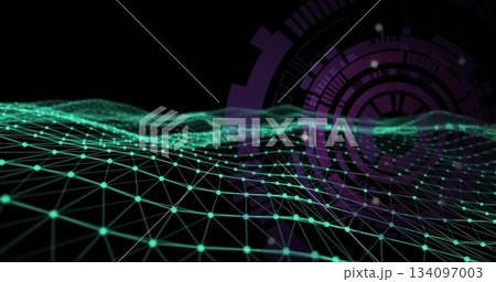 Neon-green wireframe mesh waves flowing in virtual space, with teal nodes and purple HUD rings Neon-green wireframe mesh waves flowing in virtual space, with teal nodes and purple HUD rings 134097003