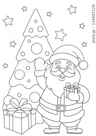 Cute Santa Claus with gift boxes and a Christmas tree. Christmas Coloring Page. PNG and Vector illustration 134097129