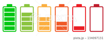Battery Charge Level Indicator Set. Simple battery icons representing various charge levels, from full to empty, in vibrant colors. Ideal for energy, technology, or power related concepts. PNG. Vector Battery Charge Level Indicator Set. Simple battery icons representing various charge levels, from full to empty, in vibrant colors. Ideal for energy, technology, or power related concepts. PNG. Vector 134097131