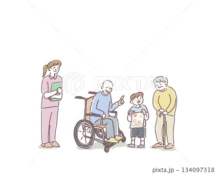 車椅子、杖をついた高齢者に絵を見せる子供、看護師、ヘルパーの女性 134097318