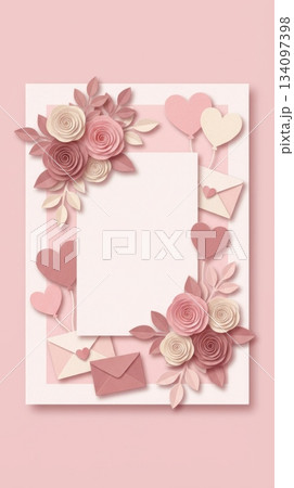 Valentine Postcard with Paper Rose Bouquet, Envelope, and Heart Balloons Valentine Postcard with Paper Rose Bouquet, Envelope, and Heart Balloons 134097398