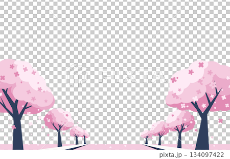 櫻花飄雪和林蔭大道構成了一幅畫面/背景 134097422