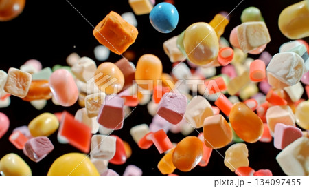Freeze motion of flying candies up in the air isolated on black background 134097455