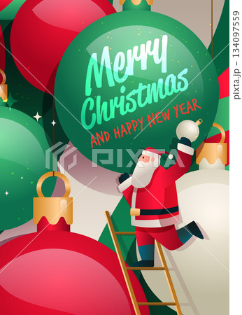Santa Merry Christmas New Year 2026 festive celebration Santa Claus on ladder decorating with colorful ornaments red green background holiday scene 134097559