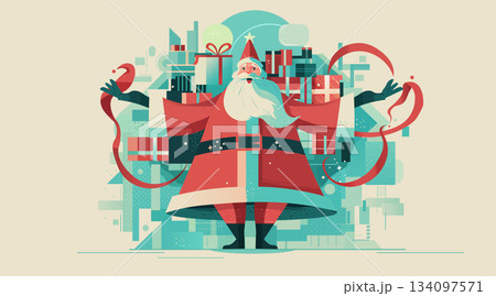 Santa Christmas New Year 2026 celebration festive scene with Santa Claus surrounded by gift boxes abstract geometric background modern holiday concept Santa Christmas New Year 2026 celebration festive scene with Santa Claus surrounded by gift boxes abstract geometric background modern holiday concept 134097571