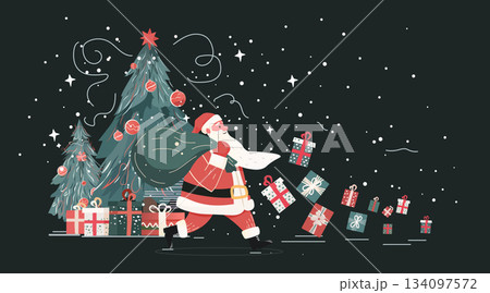 Santa Christmas gift delivery festive night snowy scene decorated trees falling presents stars holiday design 134097572