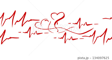 Playful heart shapes with long swirling tails and heartbeat line traces repeating border line. Hand drawn in pen and ink, vector seamless banner. Love theme, event invitation frame, cute decoration. 134097625