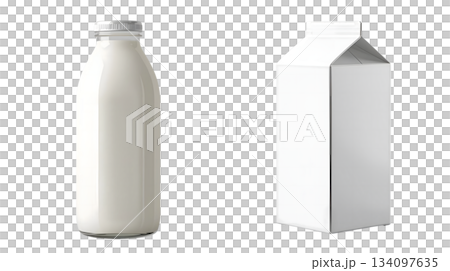白背景に瓶と紙パックの牛乳 134097635