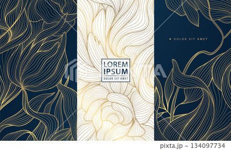 Elegant floral vector background, flower gold line patterns, leaves, oriental ornaments, Chinese, Japanese art. Luxury wedding invitations, spring greeting cards, anniversary posters, vintage royal. 134097734
