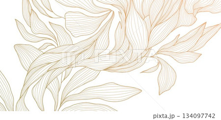 Elegant gold floral pattern background, delicate line leaves, botanical shapes. Luxury vector illustration, tropical elements, vintage art deco curves, premium botanical design Elegant gold floral pattern background, delicate line leaves, botanical shapes. Luxury vector illustration, tropical elements, vintage art deco curves, premium botanical design 134097742