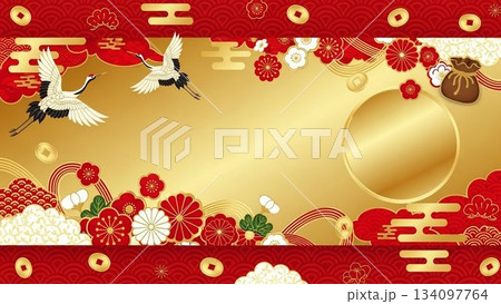 赤色背景に和柄と飾りが並ぶ華やかな新年デザイン素材 134097764