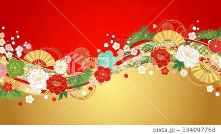 赤と金の和柄模様が広がる華やかな新年デザイン背景 134097768