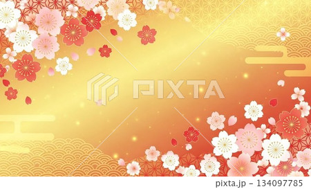 金色背景に淡い桜が広がる華やかな和風フレームデザイン 134097785