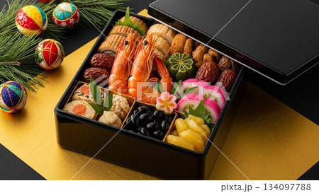 重箱に美しく詰められた伝統的なおせち料理の豪華な正月写真 重箱に美しく詰められた伝統的なおせち料理の豪華な正月写真 134097788