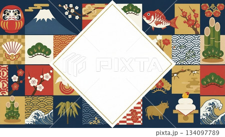 和柄アイコンが並ぶ華やかなフレームデザイン背景 134097789