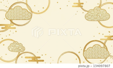 淡いクリーム色に伝統和柄が散りばめられた柔らかい背景デザイン 134097807
