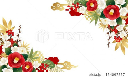 椿としめ縄飾りが華やかに配置された縁起の良い和風フレームデザイン 134097837