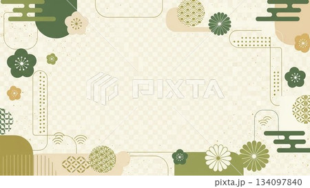 和柄を取り入れた落ち着いた緑色のフレーム背景デザイン 134097840