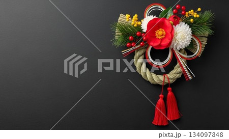 黒背景に飾られた華やかな正月用しめ縄飾り 134097848