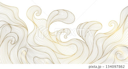 Abstract Japanese wave pattern background, elegant gold lines, geometric shapes, vintage oriental texture. Vector illustration flow water, ocean curves, luxury Asian design 134097862