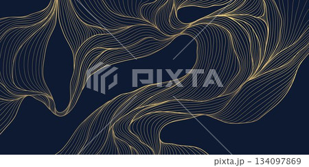 Elegant abstract vector background, gold waves, smooth linear curves, Japanese deco elements. Premium wavy pattern, ocean, soft organic shapes, geometric flow, cover design. 134097869