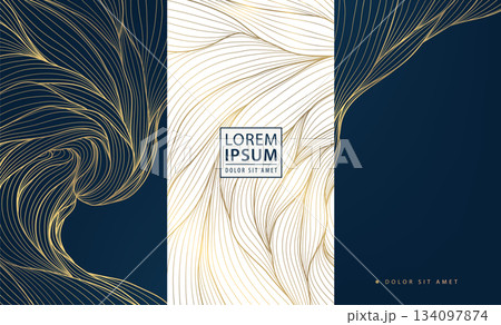 Luxury wave pattern, elegant gold lines, art deco elements. Vector premium abstract background, Japanese flowing water textures. Wine labels, chocolate packaging, gift boxes, menu 134097874