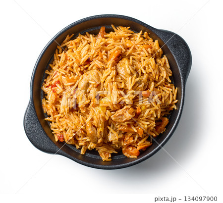bowl of spicy rice with chicken meat and carrots bowl of spicy rice with chicken meat and carrots 134097900